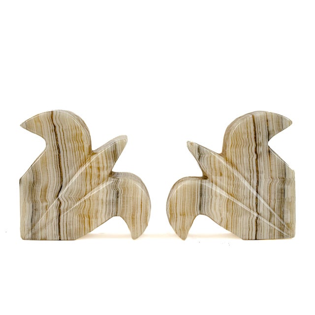 Vintage Hand Carved Striped Onyx Marble Fleur De Lis Bookends. They are made from natural banded onyx, a stone famous for...