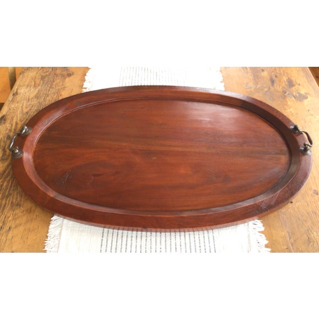 Antique Oval Hand Carved Wood Mahogany Tray With Brass Handles.