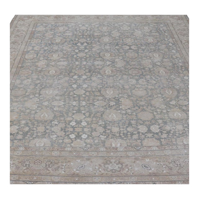 Antique Distressed Tabriz Rug in Teal, Tan, Light Brown 9'8" X 12'5" For Sale