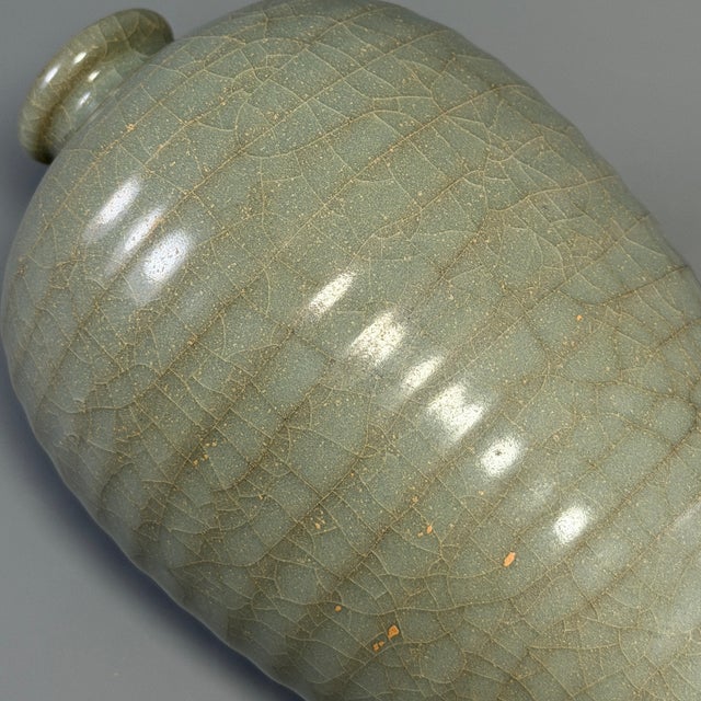 15th Century & Earlier Antique Chinese Celadon Crackle‑Glaze Ribbed Meiping Vase, Collectible Antique For Sale - Image 5 of 9