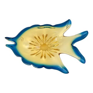 Vintage Amber and Teal Blue Murano-Style Art Glass Fish Bowl For Sale