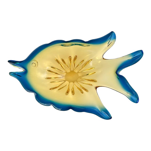 Vintage Amber and Teal Blue Murano-Style Art Glass Fish Bowl For Sale