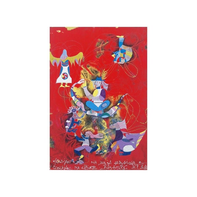 This vibrant artwork bursts with dynamic energy against a vivid red background. Swirling abstract forms and whimsical...