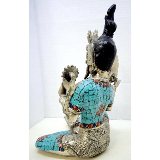 Mid-Century Tibetan-Style Inlaid Brass Green Tara Statue – 11" H For Sale - Image 6 of 18