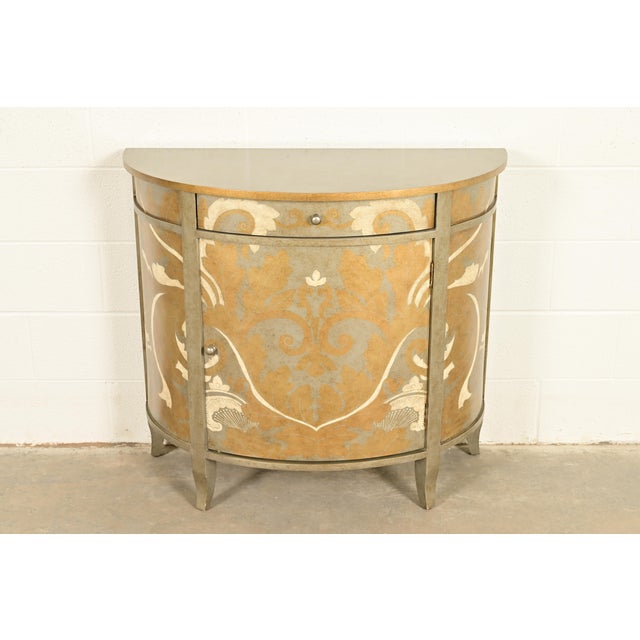 A gorgeous Italian Neoclassical or Louis XVI style paint decorated demilune console or bar cabinet By Decorative Crafts...