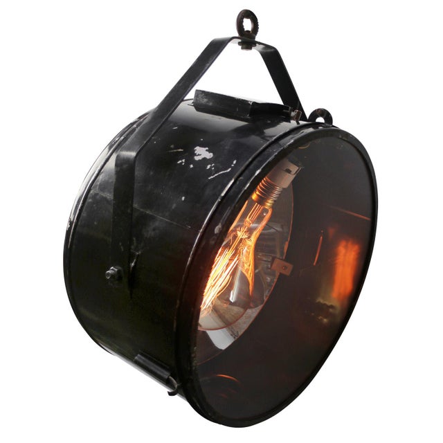 Industrial Black Metal and Mirrored Glass Spotlight Pendant Lamp For Sale - Image 5 of 7