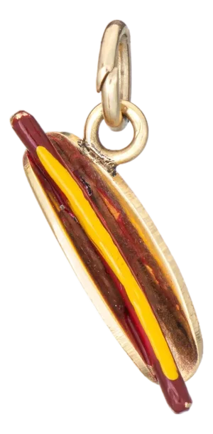 Vintage Hot Dog Charm 14k Yellow Gold Pendant Red Yellow Enamel Food Estate