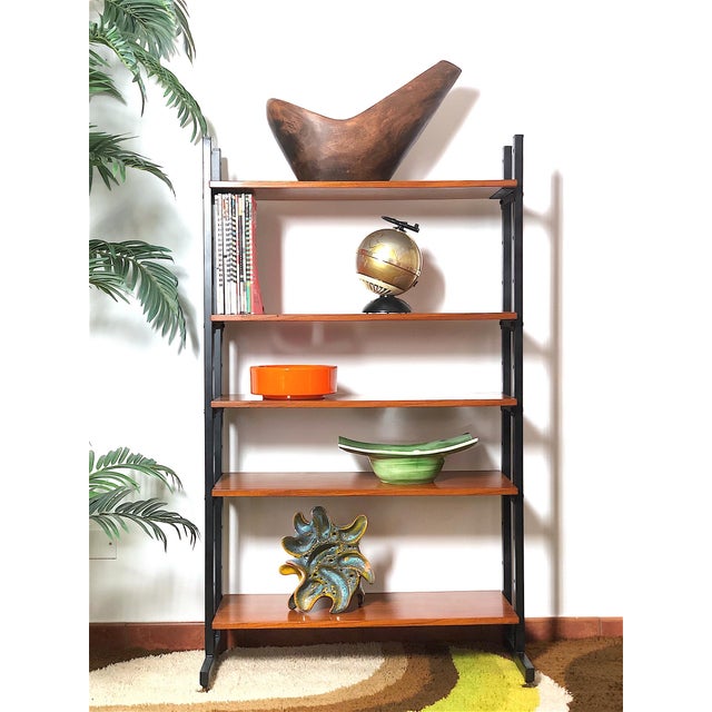 Vintage 1960s Cabinet/Bookcase with 5 Shelves - Made in Italy - The cabinet/bookcase is made with a metal frame, 5 teak...