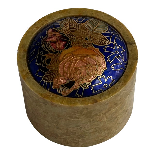 Blue Cloisonné Enamel and Soapstone Round Trinket Box. For Sale