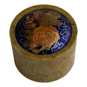 Blue Cloisonné Enamel and Soapstone Round Trinket Box.