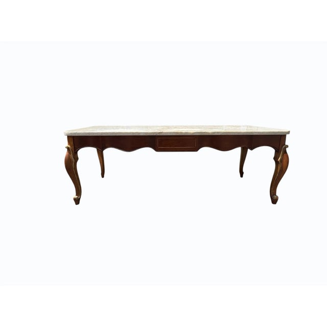 French Provincial Louis XV-Style Cherry Coffee Table With Fossil Limestone Top and Gilded Accents For Sale - Image 3 of 8