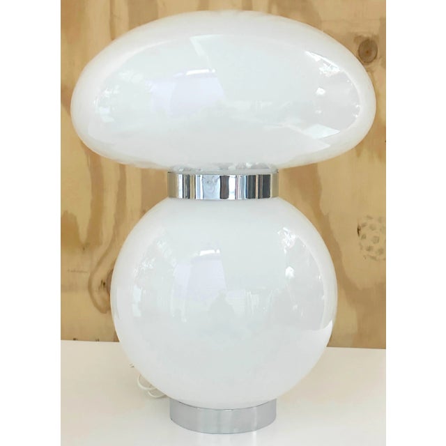 Carlo Nason for Mazzega, Mod White Murano Glass & Chrome Mushroom Lamp Italy- Circa 1970s A stunning Carlo Nason for...