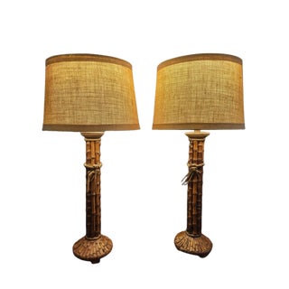 Vintage Natural Bamboo Column Table Lamps With Burlap Shades - a Pair For Sale