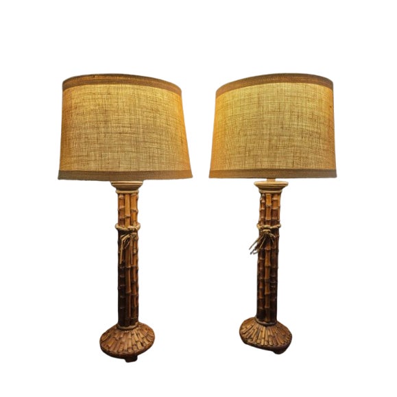 Vintage Natural Bamboo Column Table Lamps With Burlap Shades - a Pair For Sale
