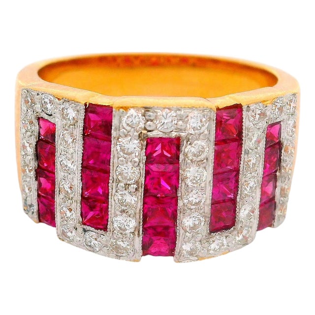 Ruby Diamond 18k Yellow Gold Zigzag Band, Size 7.75 For Sale
