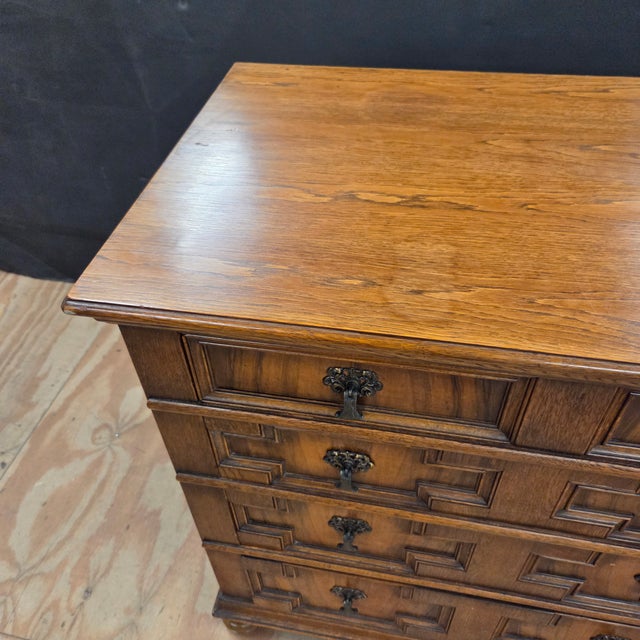Late 19th Century Golden Oak 5 Drawer Geometric Patterned Chest of Drawers on Bun Feet For Sale - Image 13 of 14