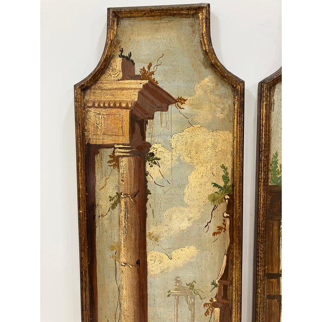 Wood Pair of Italian Hand Painted Architectural Panels For Sale - Image 7 of 8