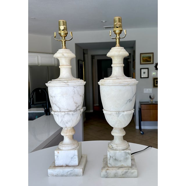 1950s Large Pair Italian Column Neoclassical Alabaster Table Lamps For Sale - Image 5 of 16