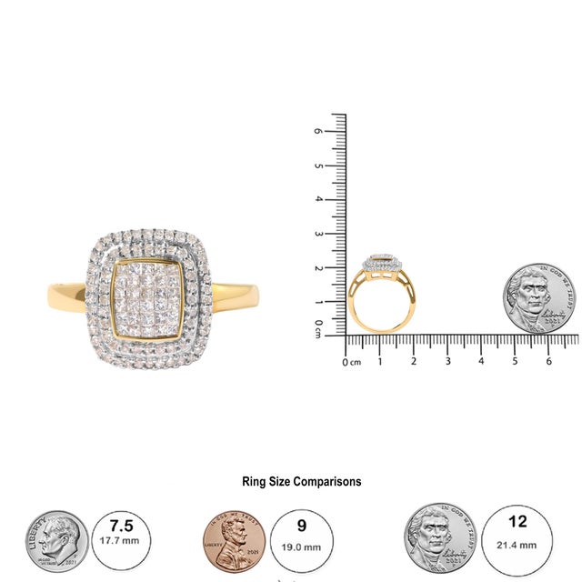 10K Yellow Gold 1/2 cttw Round and Princess Diamond Composite Head and Halo Ring (H-I Color, SI1-SI2 Clarity) - Ring Size 7 For Sale In New York - Image 6 of 6