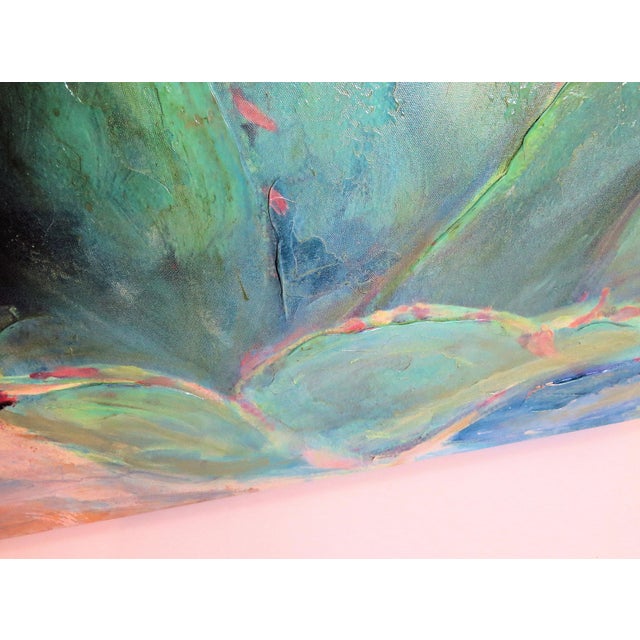 A Large Original Acrylic on Canvas Signed T. Jalisca, of a "Agave" Plant in Shades of Green and BlueWith a Blue Back Ground in the Manner Mark Gates For Sale - Image 4 of 4