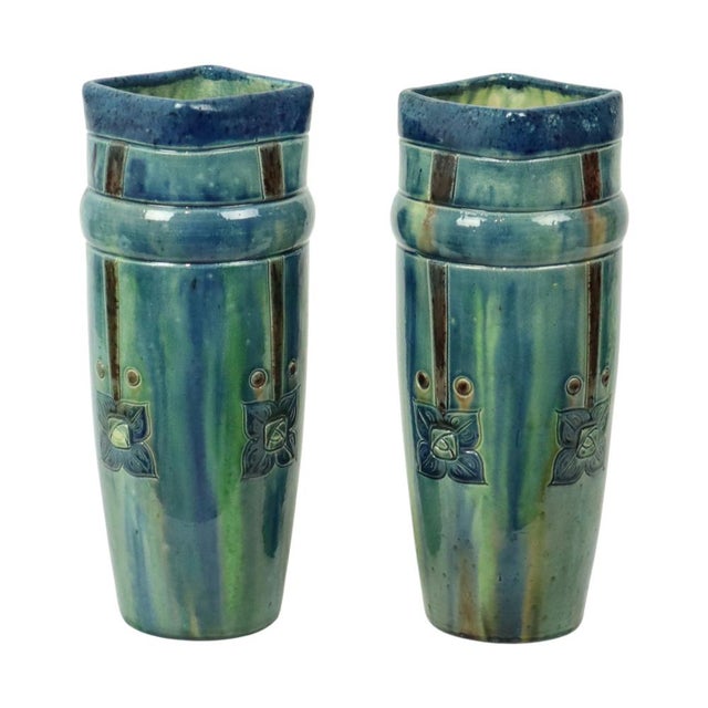 Antique Art Nouveau Flemish Blue Earthenware Vases, 1890s, Set of 2 For Sale - Image 3 of 18