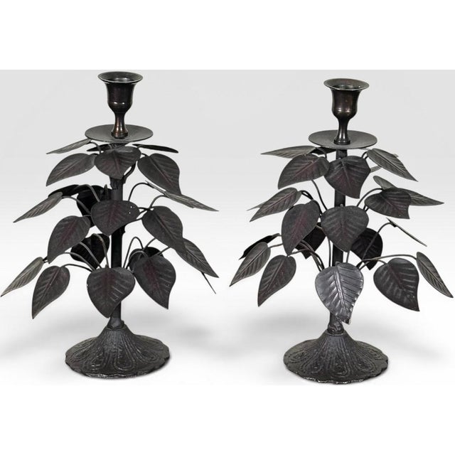 Vintage Brutalist Hollywood Regency Metal Leaf Candlesticks - A Pair Introduce a gorgeous layer of dramatic, sculptural...