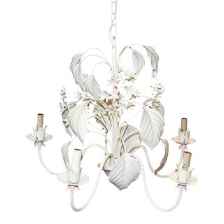 Pink and Cream Tole 5 Light Palm Leaf Chandelier in the Style of Maison Baguès For Sale