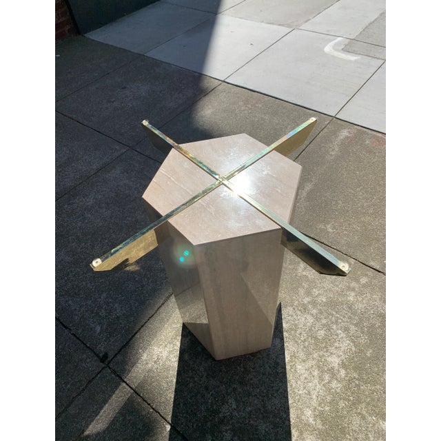 1960s Round Travertine and Brass Dining Table With Glass Top For Sale - Image 4 of 10