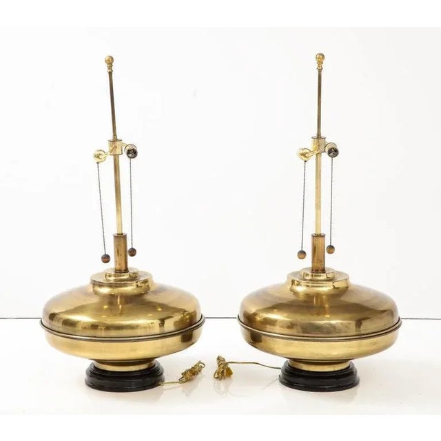 1970s Modern Oversized Brass Table Lamps with Wood Lacquer Base - A Pair For Sale - Image 11 of 12
