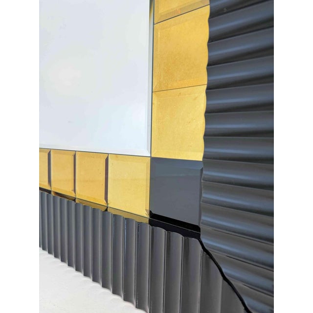 1980s Italian Vintage Wall Mirror with Black Lacquered Frame and Gold Square Inserts, 1980s For Sale - Image 5 of 14