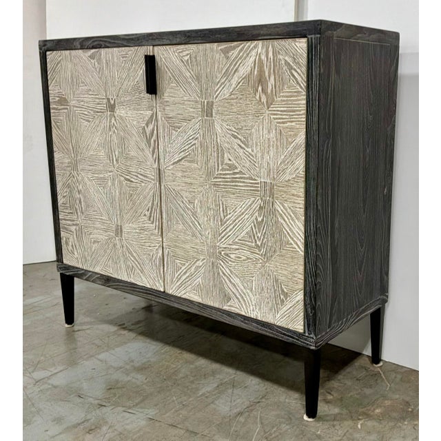 Stylish Modern Farmhouse Gray Wood Two Door Cabinet, blacker cerused wood case, gray painted interior, one shelf, showroom...