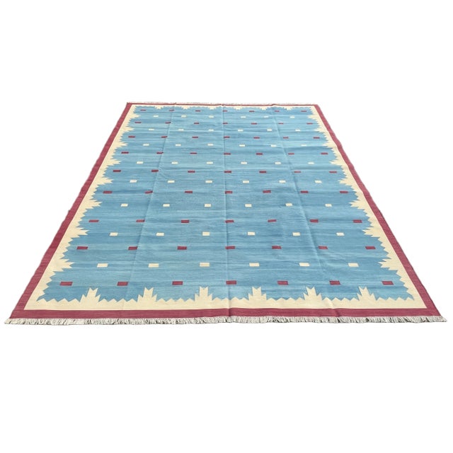 Casa Cosima Handmade Cotton Star Pattern Rug, Sky Blue, Raspberry Pink and Cream 8'x10' For Sale - Image 4 of 8