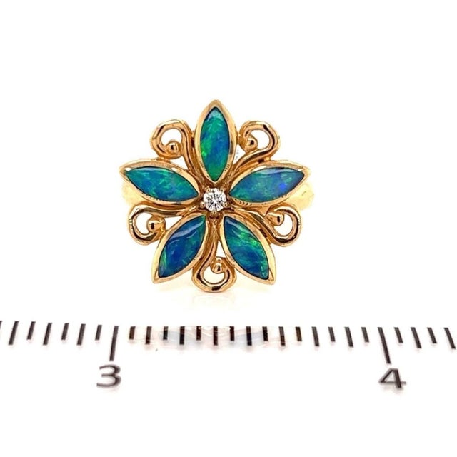 Gemstone Mid 20th Century Kabana Fire Opal Diamond Ring in 14k Yellow Gold Flower Design Size 7.5 For Sale - Image 7 of 7