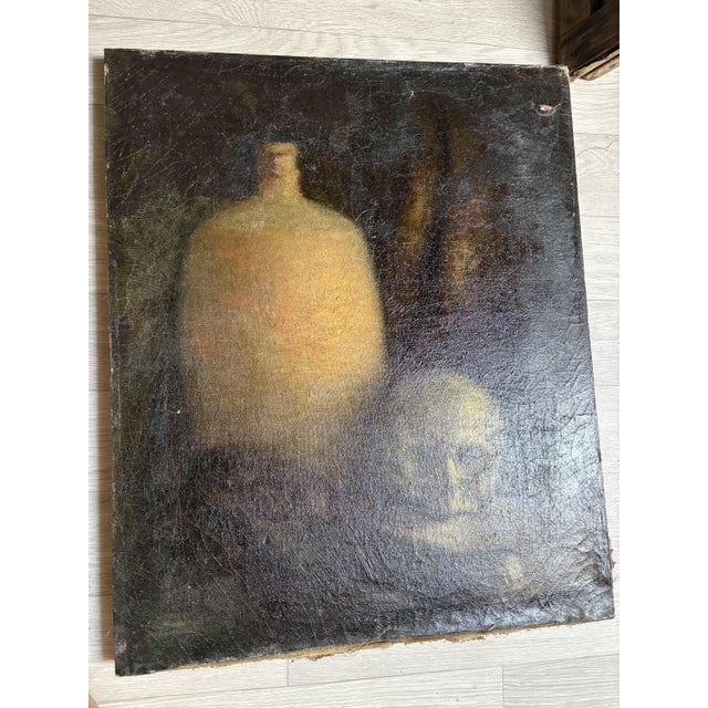 Still Life with Skull & Vase, 19th Century, Oil on Canvas, in Good conditions. Designed 1890 to 1919