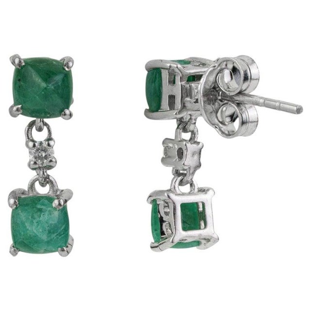 Art Nouveau Elegant Emerald and Diamond Dangle Drop Earrings in Sterling Silver, A Pair For Sale - Image 3 of 11