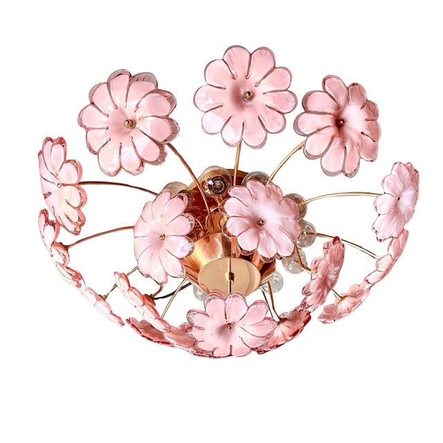 Mid-Century Modern 1960s Murano Glass Flush Mount Ceiling Light With Pink Flowers For Sale - Image 3 of 10