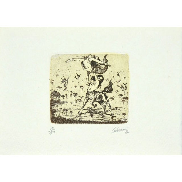 Mythology is an original Contemporary Artwork realized in Italy in 1987. Original etching on paper. Image Dimensions: 8 x...