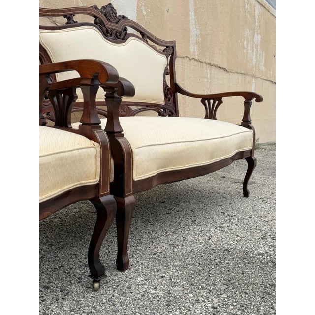 Antique Victorian Carved Mahogany Inlaid Parlor Set Sofa and 4 Chairs - 5 PCS For Sale - Image 14 of 18