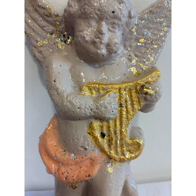 Mid 20th Century Vintage Chalkware Cherub Angel Wall Plaque With Harp For Sale - Image 5 of 10