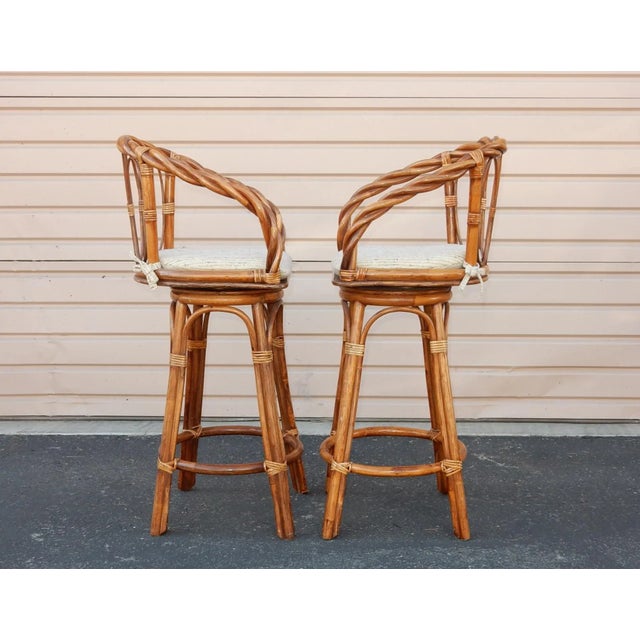 1970's Colonial Sculpted Cane & Rattan Bar Stools, 6 Available, Sold in Pairs For Sale In Las Vegas - Image 6 of 12