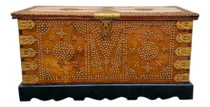 Antique 19th Century Zanzibar Chest in Teak Wood With Brass Overlay and Studs