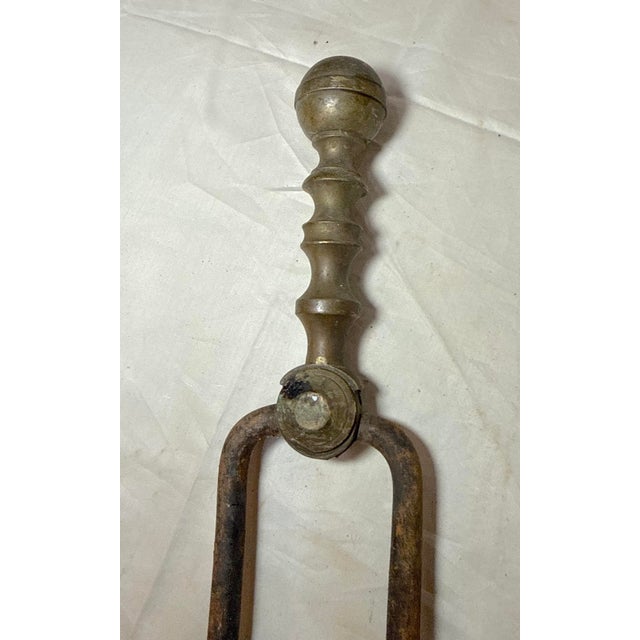 English Antique 18th Century Wrought Iron Turned Brass English Fireplace Tongs Tool 25 For Sale - Image 3 of 9