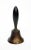 Vintage brass hand bell with a hand-carved, painted black wooden handle. The metal has a dark patina on the exterior...
