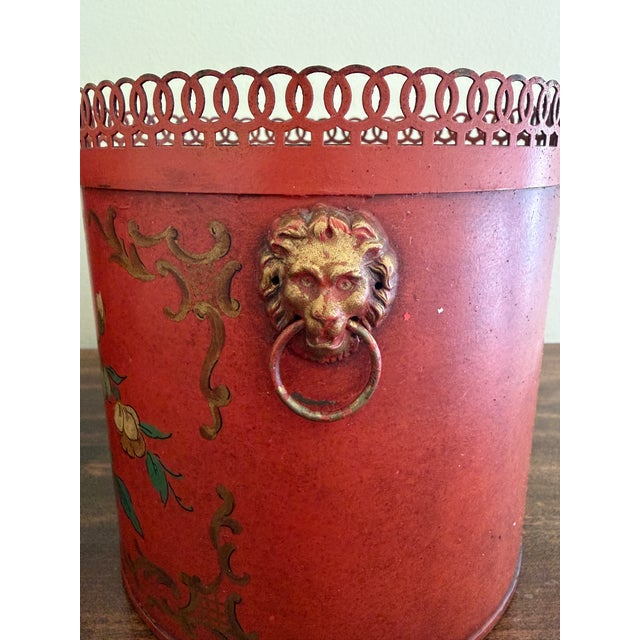 Pair of Antique French Neoclassical Red & Gold Tole Cachepot With Lion Heads For Sale In South Bend - Image 6 of 10