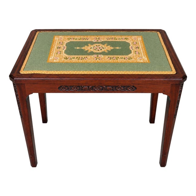 Vintage Carved Wood Needlepoint Bench / Accent Table With Floral Design For Sale