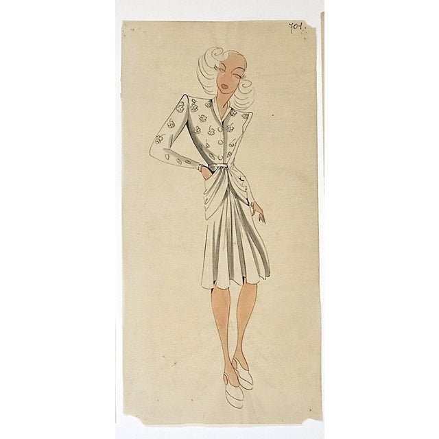 1940s=Set of 4-Original Mid-Century French Fashion Drawings on Vellum For Sale In New York - Image 6 of 7