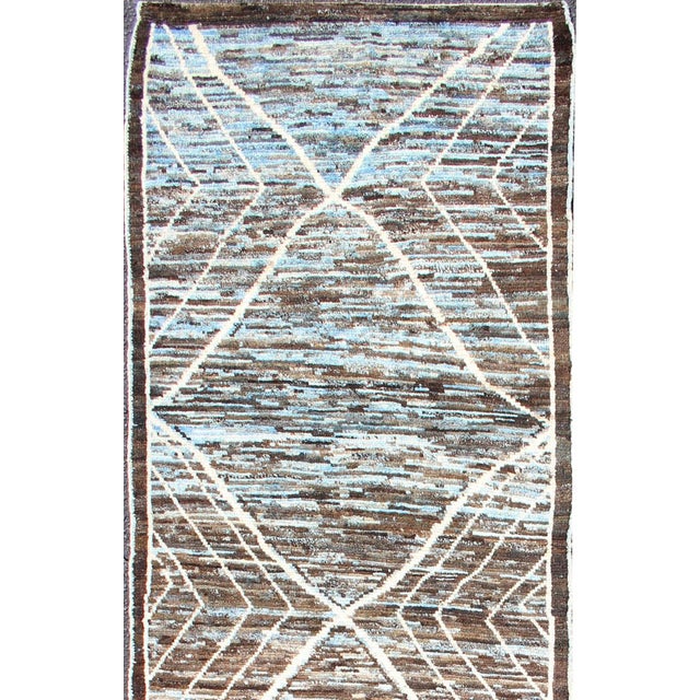 Tribal Modern Runner in Brown, Lt. Blue Tones With Diamond & Geometric Design 2'10 X 9'6 For Sale - Image 3 of 12