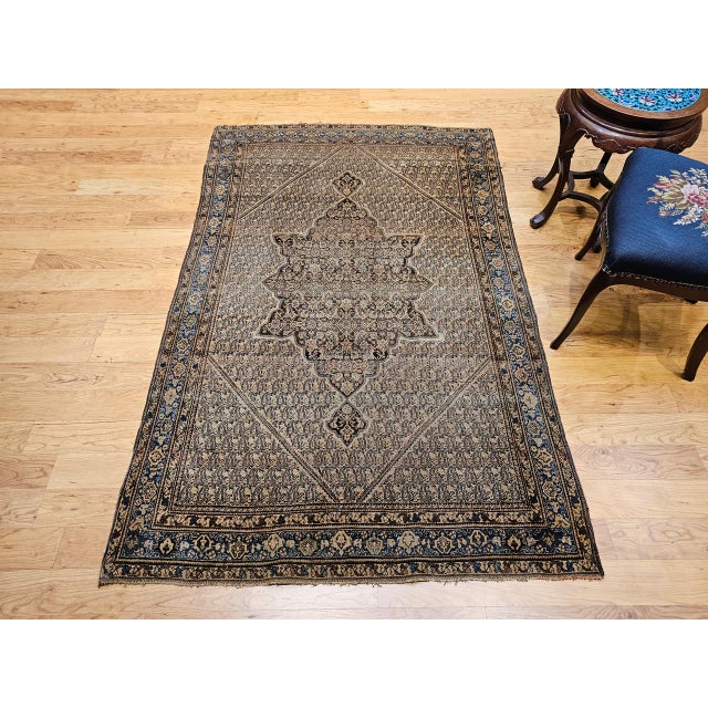 Antique Persian Senneh Area Rug, Hand-Knotted Wool, Paisley Medallion Pattern, Chocolate Brown & Light Blue, 4x7 For Sale - Image 11 of 13