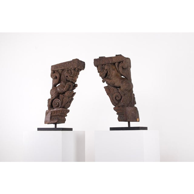 Brown Carved Wooden Consoles from VyalisTamil Nadu, , India, Set of 2 For Sale - Image 8 of 8