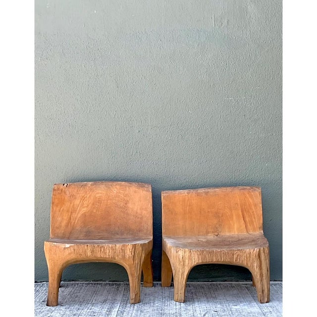 Vintage Carved Wood Low Stools - Pair For Sale - Image 9 of 12